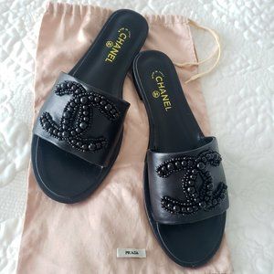 Black Chanel Embellished Sandal Slide Flats Mules